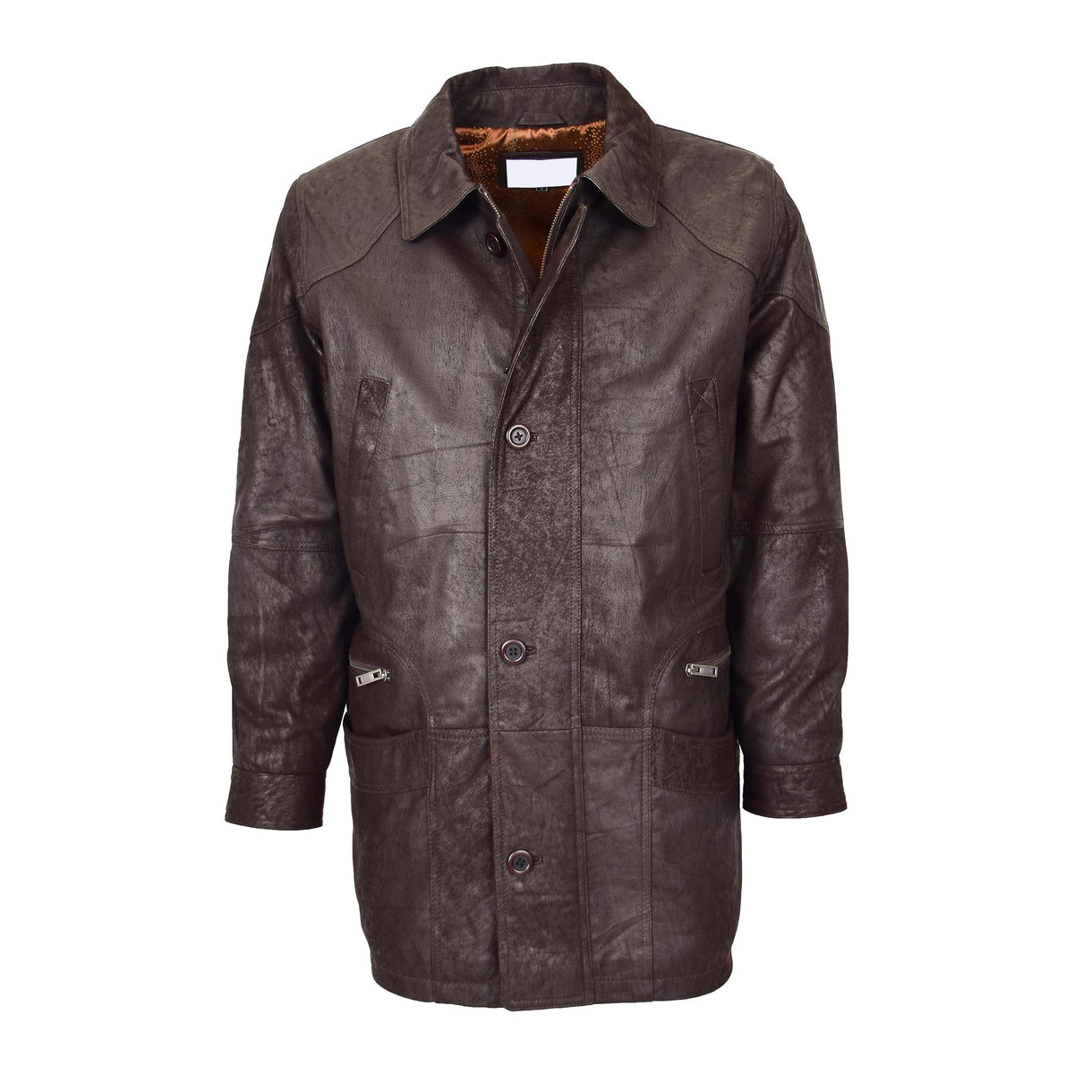 Mens Classic Leather Winter Car Coat M2 Brown - genuine leather coat in brown with car coat