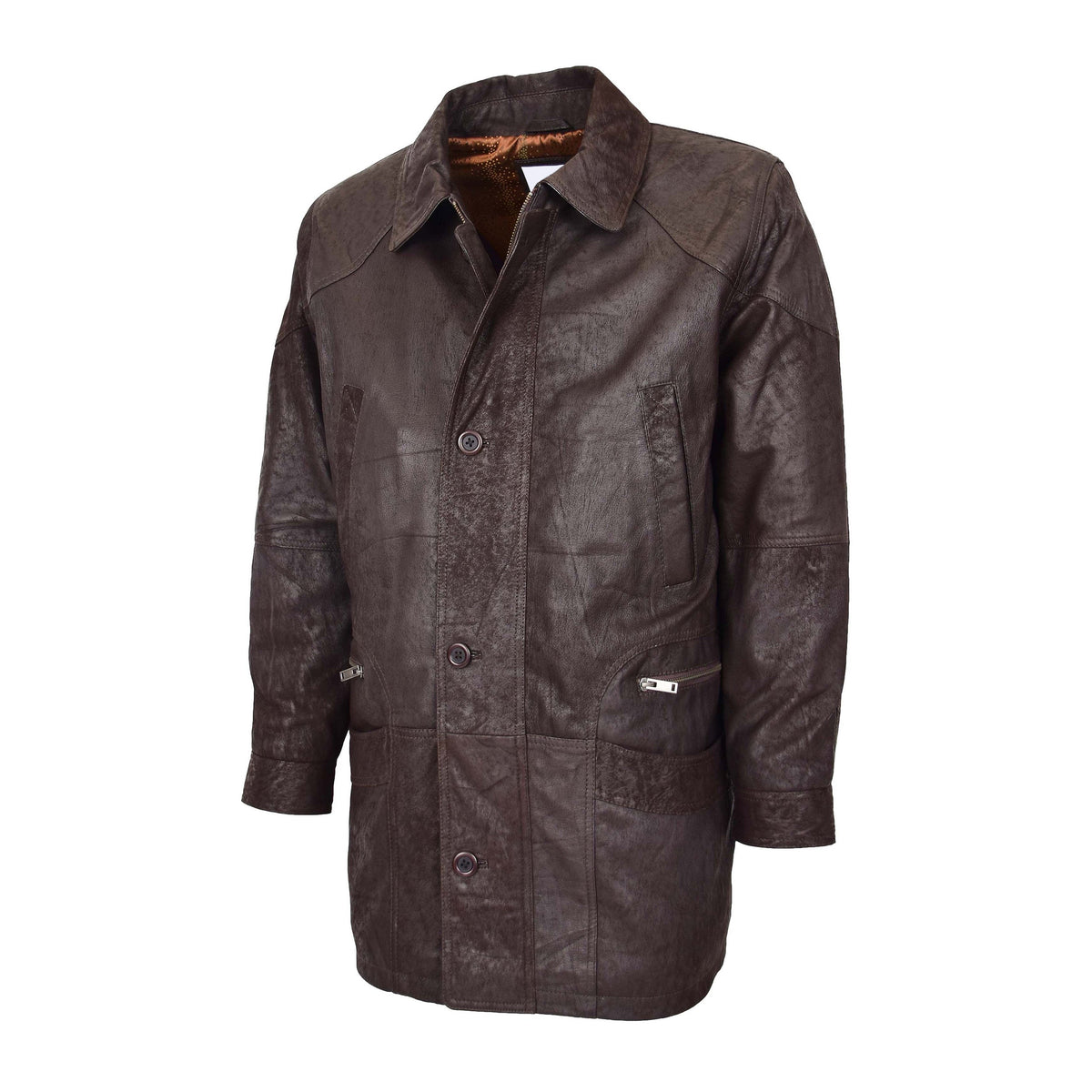 Mens Classic Leather Winter Car Coat M2 Brown - genuine leather coat in brown with winter