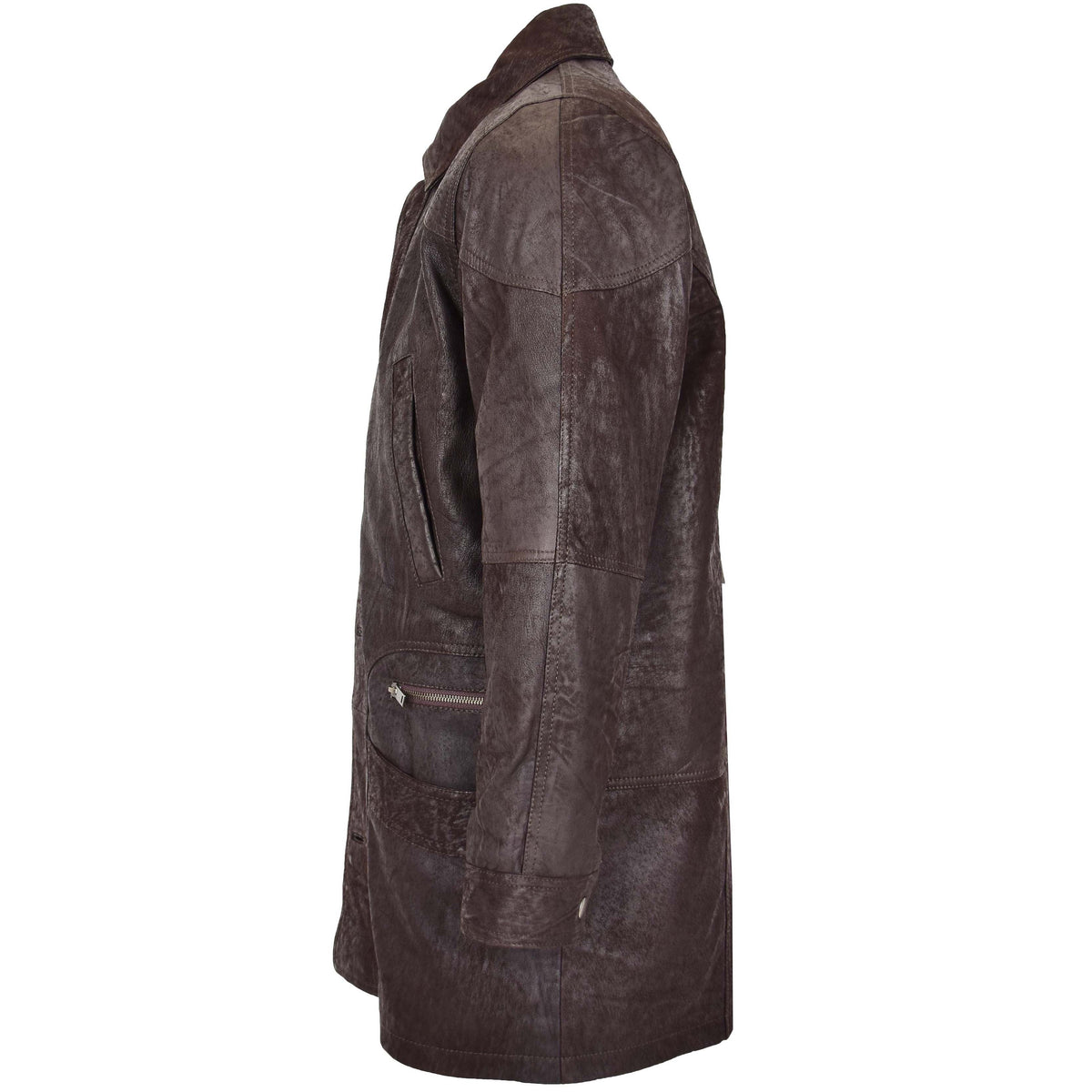 Mens Classic Leather Winter Car Coat M2 Brown - genuine leather coat in brown with six outer pockets