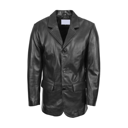 Mens Classic Three Button Soft Leather Blazer David Black - genuine leather jacket in black with two outer pockets