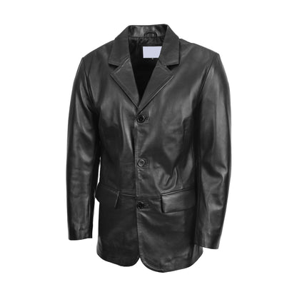 Mens Classic Three Button Soft Leather Blazer David Black - genuine leather jacket in black with three button