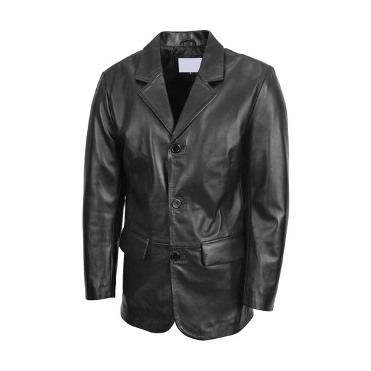 Mens Classic Three Button Soft Leather Blazer David Black - genuine leather jacket in black with three button