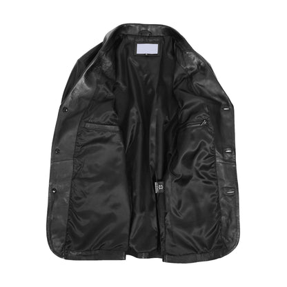 Mens Classic Three Button Soft Leather Blazer David Black - genuine leather jacket in black with two outer pockets
