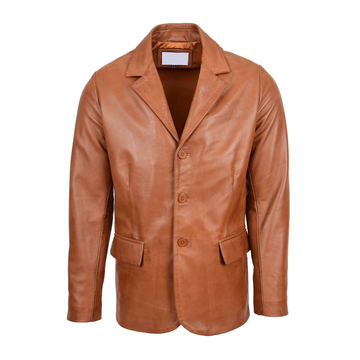 Mens Classic Three Button Soft Leather Blazer David Tan - genuine leather jacket in tan with two outer pockets
