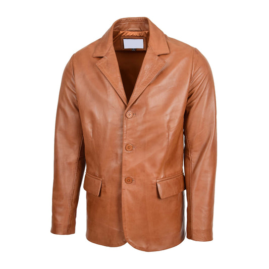 Mens Classic Three Button Soft Leather Blazer David Tan - genuine leather jacket in tan with three button