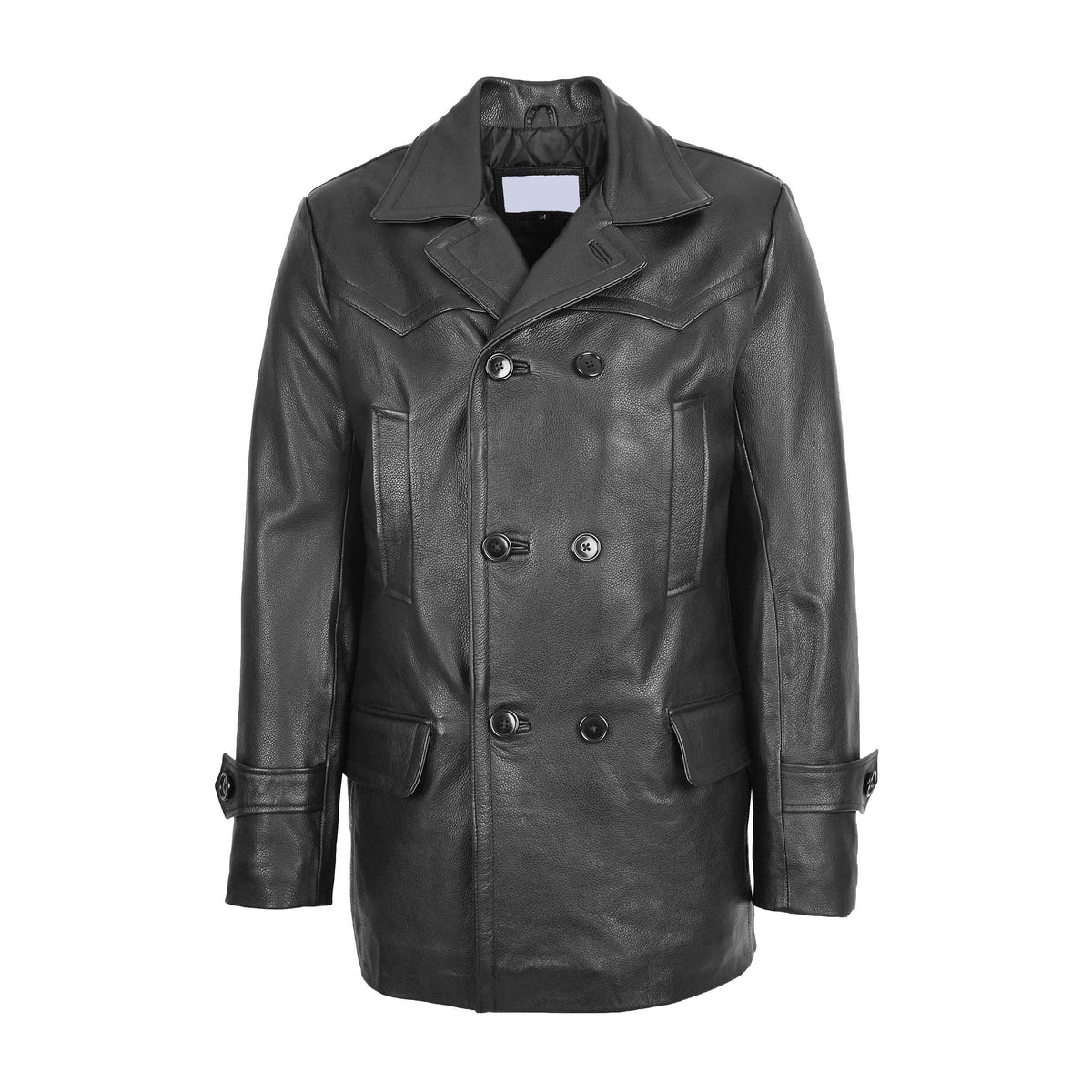 Mens Double Breasted Leather Peacoat Salcombe Black - genuine leather coat in black with four outer pockets