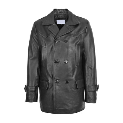 Mens Double Breasted Leather Peacoat Salcombe Black - genuine leather coat in black with four outer pockets