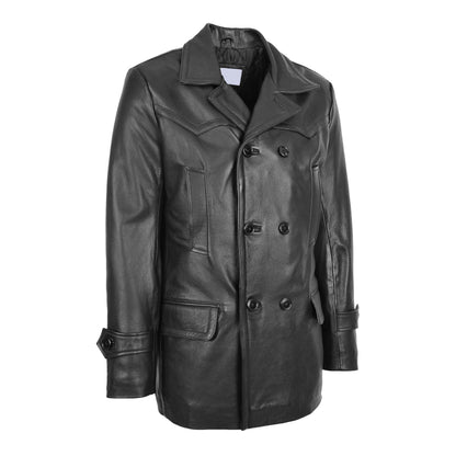 Mens Double Breasted Leather Peacoat Salcombe Black - genuine leather coat in black with double breasted
