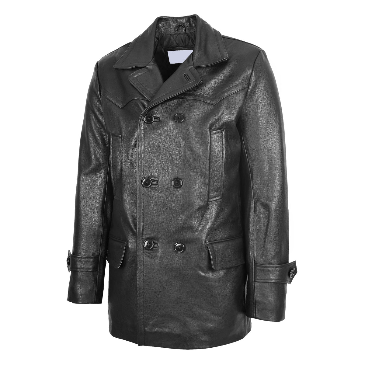 Mens Double Breasted Leather Peacoat Salcombe Black - genuine leather coat in black with peacoat