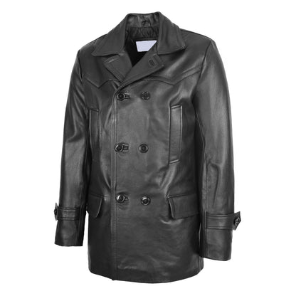 Mens Double Breasted Leather Peacoat Salcombe Black - genuine leather coat in black with peacoat