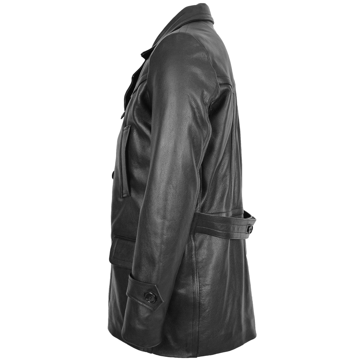 Mens Double Breasted Leather Peacoat Salcombe Black - genuine leather coat in black with four outer pockets