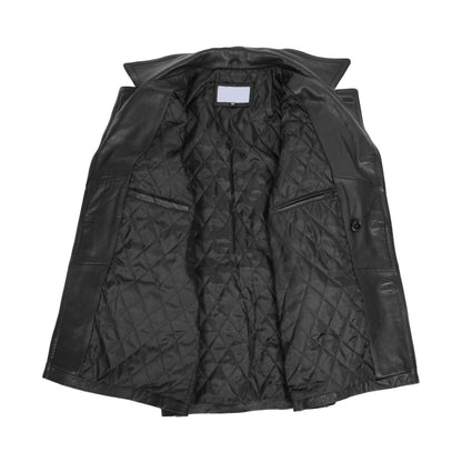 Mens Double Breasted Leather Peacoat Salcombe Black - genuine leather coat in black with double breasted