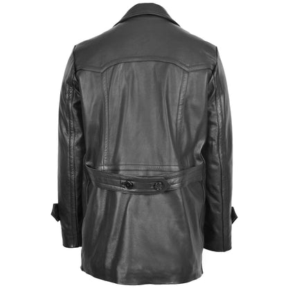 Mens Double Breasted Leather Peacoat Salcombe Black - genuine leather coat in black with peacoat