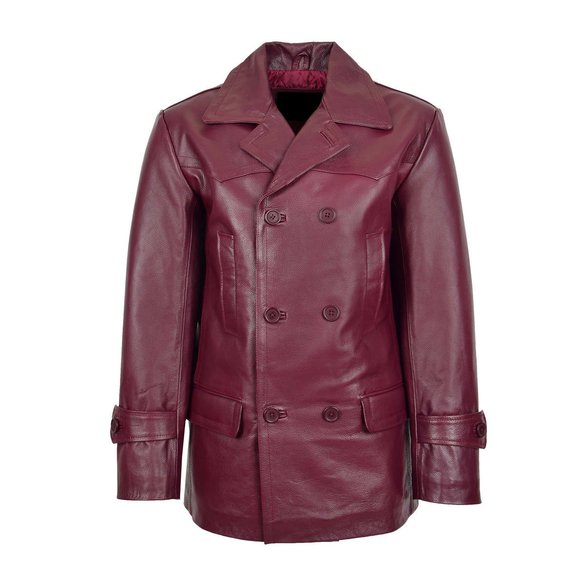 Mens Double Breasted Leather Peacoat Salcombe Burgundy - genuine leather coat in burgundy with four outer pockets