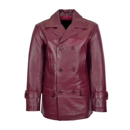 Mens Double Breasted Leather Peacoat Salcombe Burgundy - genuine leather coat in burgundy with four outer pockets