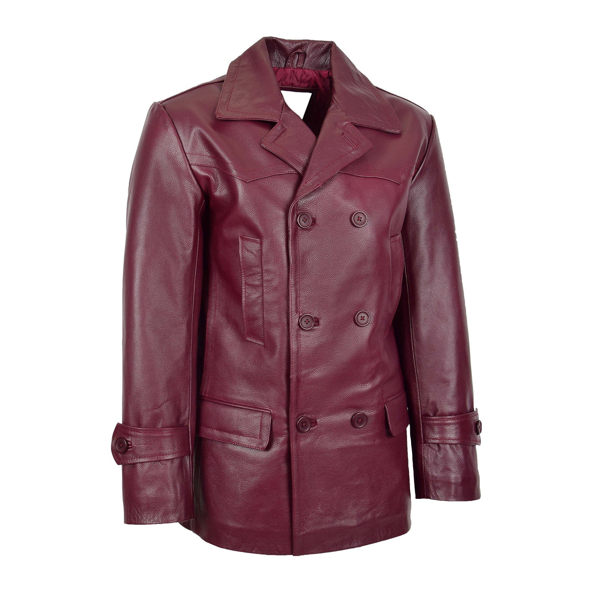 Mens Double Breasted Leather Peacoat Salcombe Burgundy - genuine leather coat in burgundy with double breasted