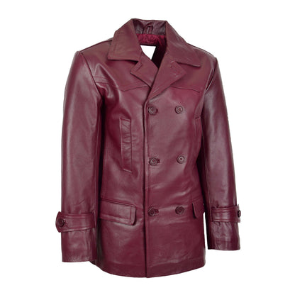 Mens Double Breasted Leather Peacoat Salcombe Burgundy - genuine leather coat in burgundy with double breasted
