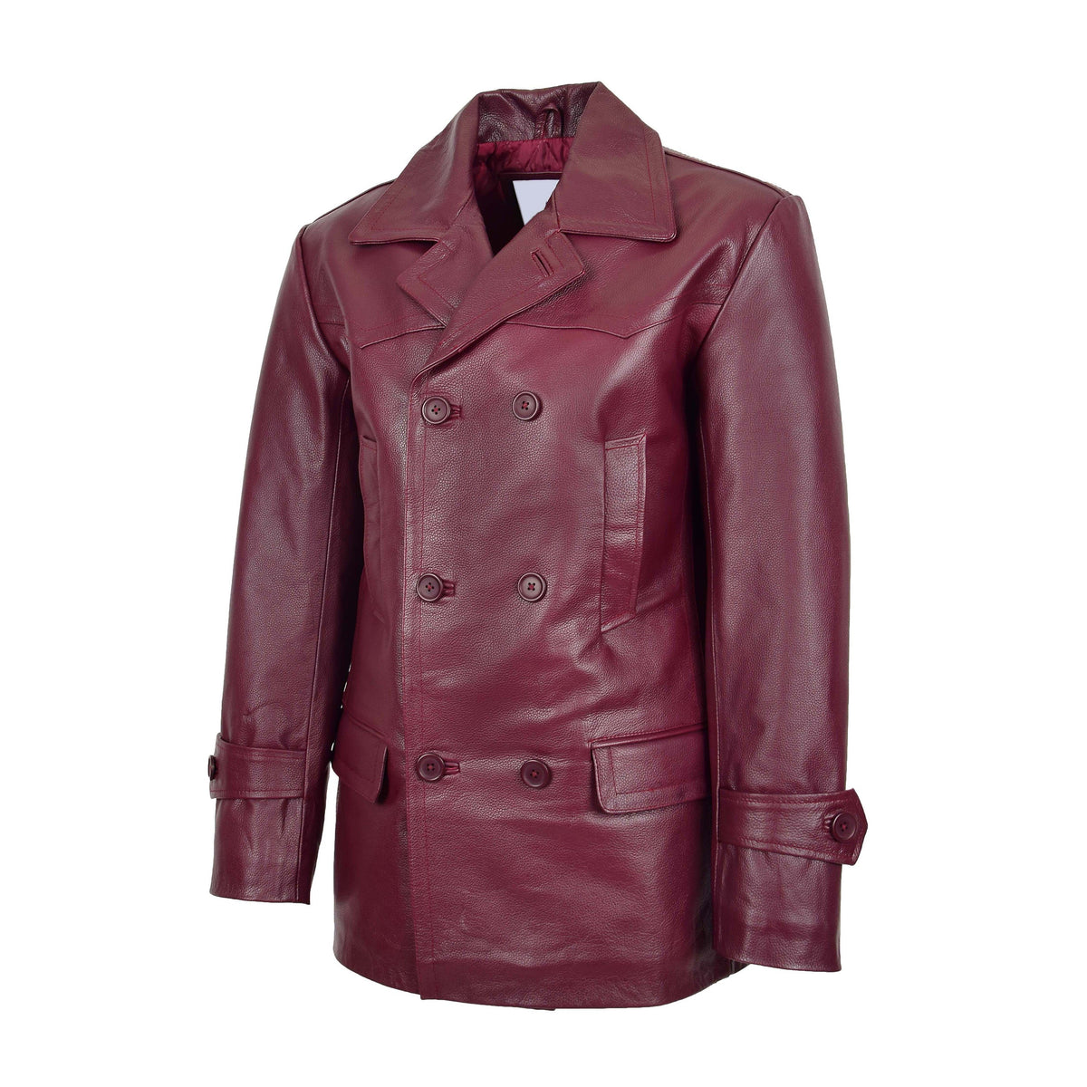 Mens Double Breasted Leather Peacoat Salcombe Burgundy - genuine leather coat in burgundy with peacoat
