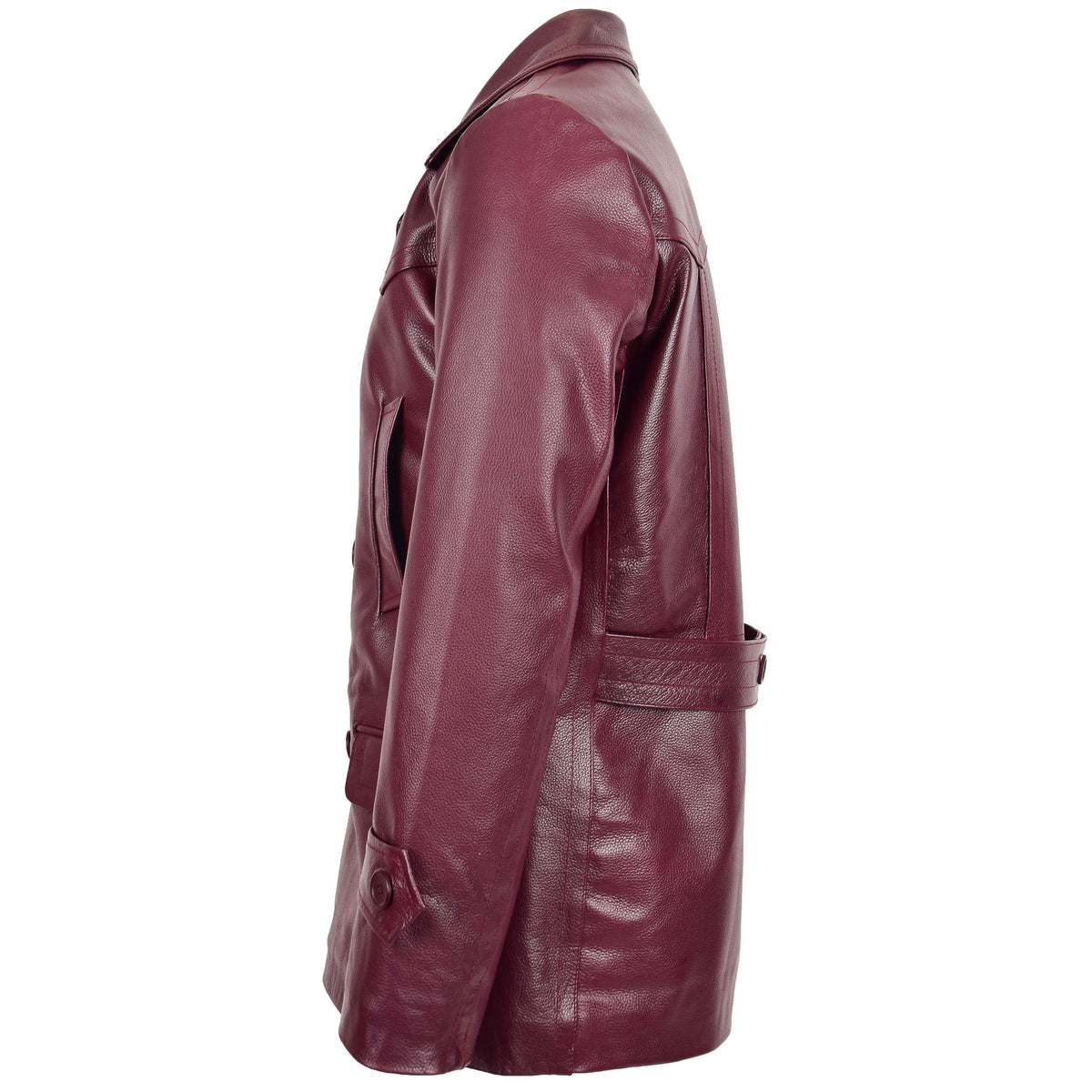 Mens Double Breasted Leather Peacoat Salcombe Burgundy - genuine leather coat in burgundy with four outer pockets