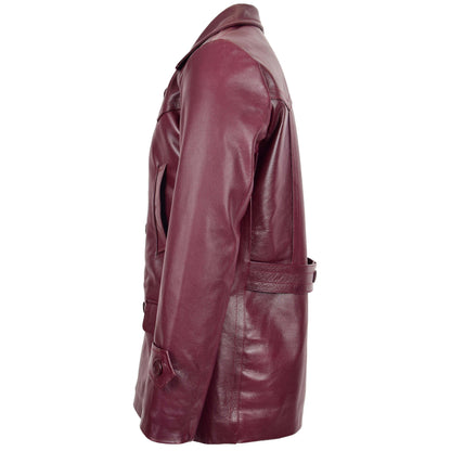 Mens Double Breasted Leather Peacoat Salcombe Burgundy - genuine leather coat in burgundy with four outer pockets