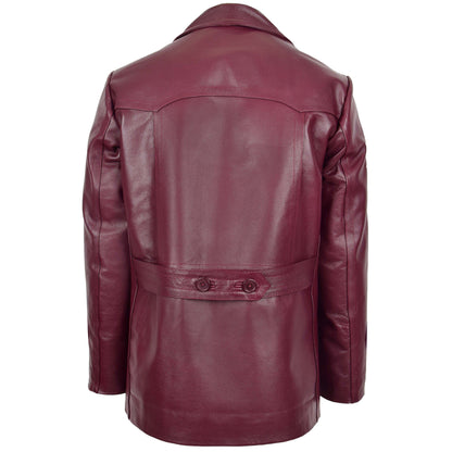 Mens Double Breasted Leather Peacoat Salcombe Burgundy - genuine leather coat in burgundy with peacoat