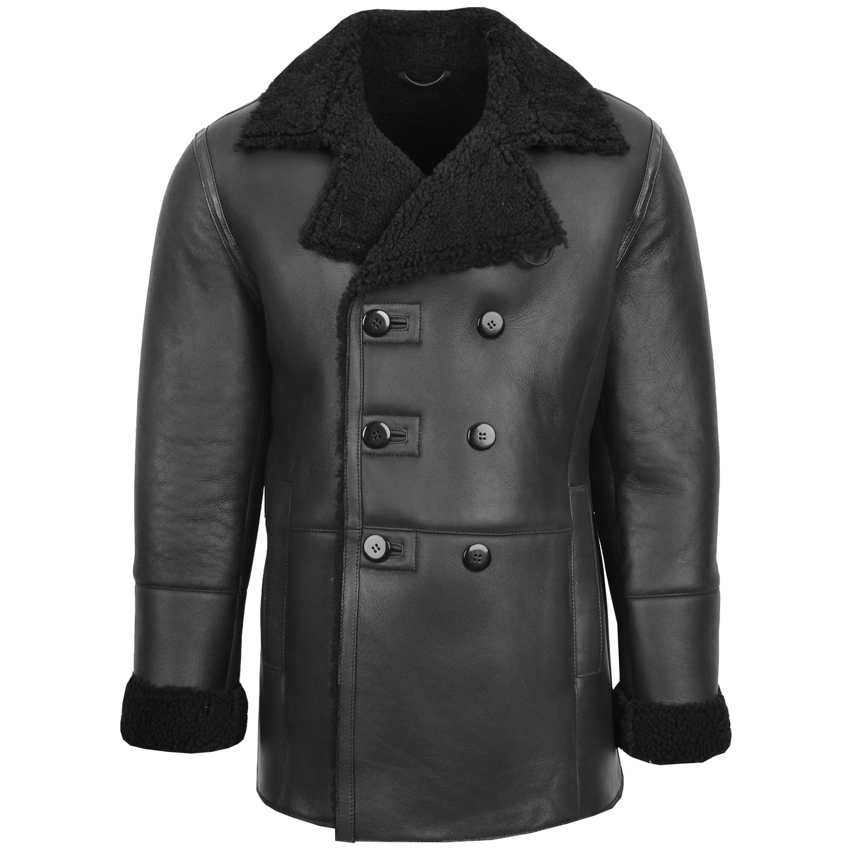 Mens Double Breasted Sheepskin Jacket Theo Black - genuine sheepskin jacket in black with two outer pockets