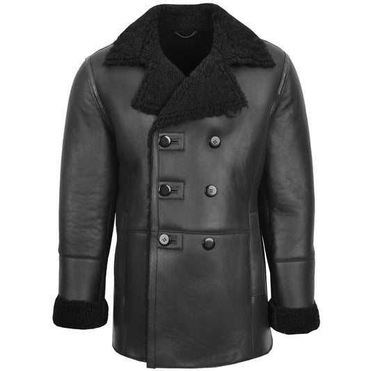 Mens Double Breasted Sheepskin Jacket Theo Black - genuine sheepskin jacket in black with two outer pockets