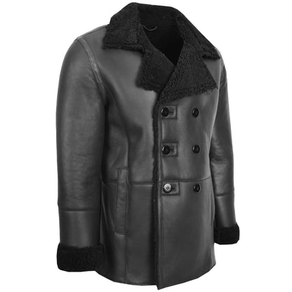Mens Double Breasted Sheepskin Jacket Theo Black - genuine sheepskin jacket in black with double breasted