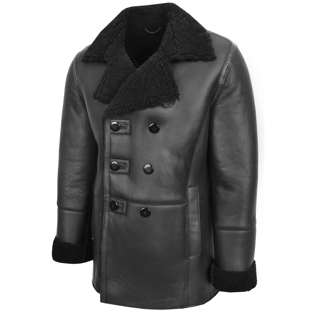 Mens Double Breasted Sheepskin Jacket Theo Black - genuine sheepskin jacket in black with two outer pockets