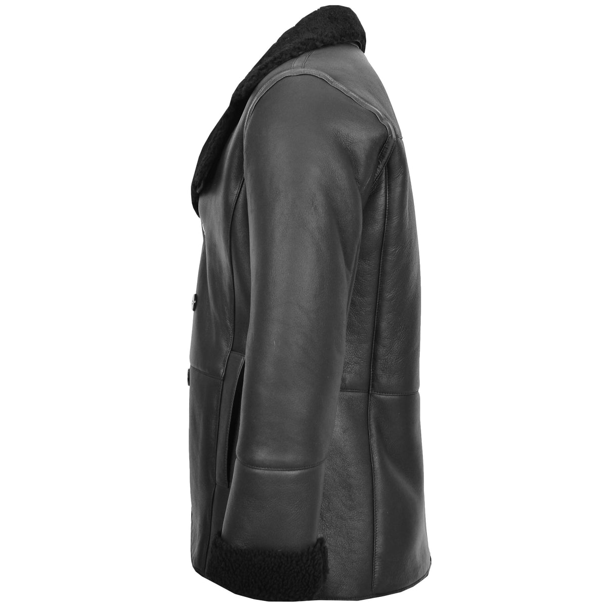 Mens Double Breasted Sheepskin Jacket Theo Black - genuine sheepskin jacket in black with double breasted