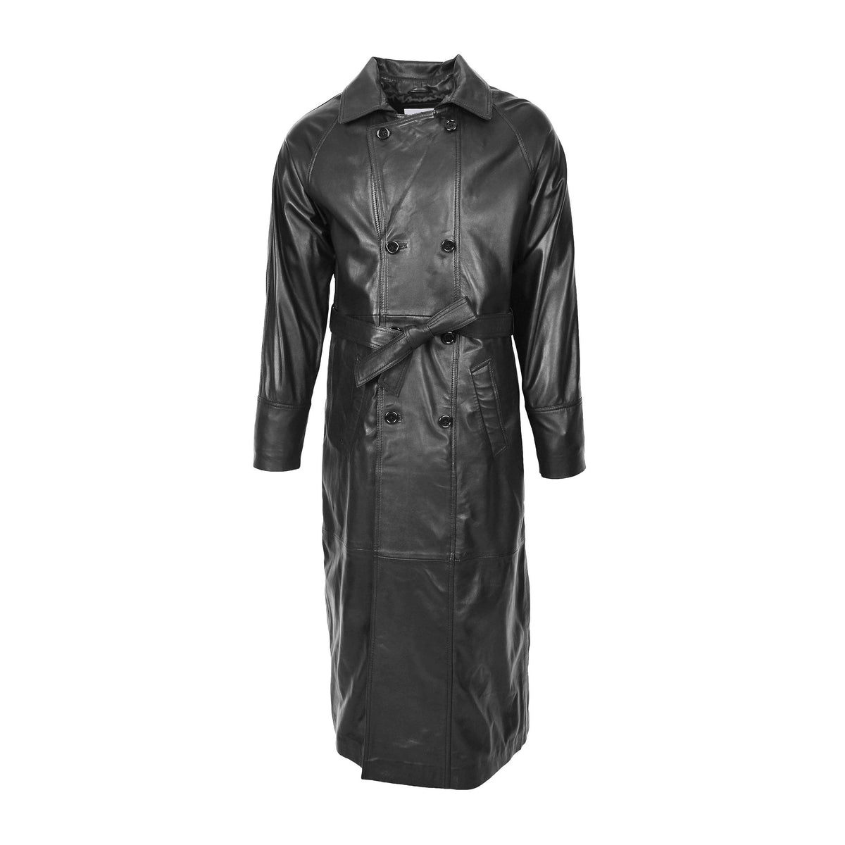 Mens Full Length Double Breasted Leather Coat Pete Black - genuine leather coat in black with two outer pockets
