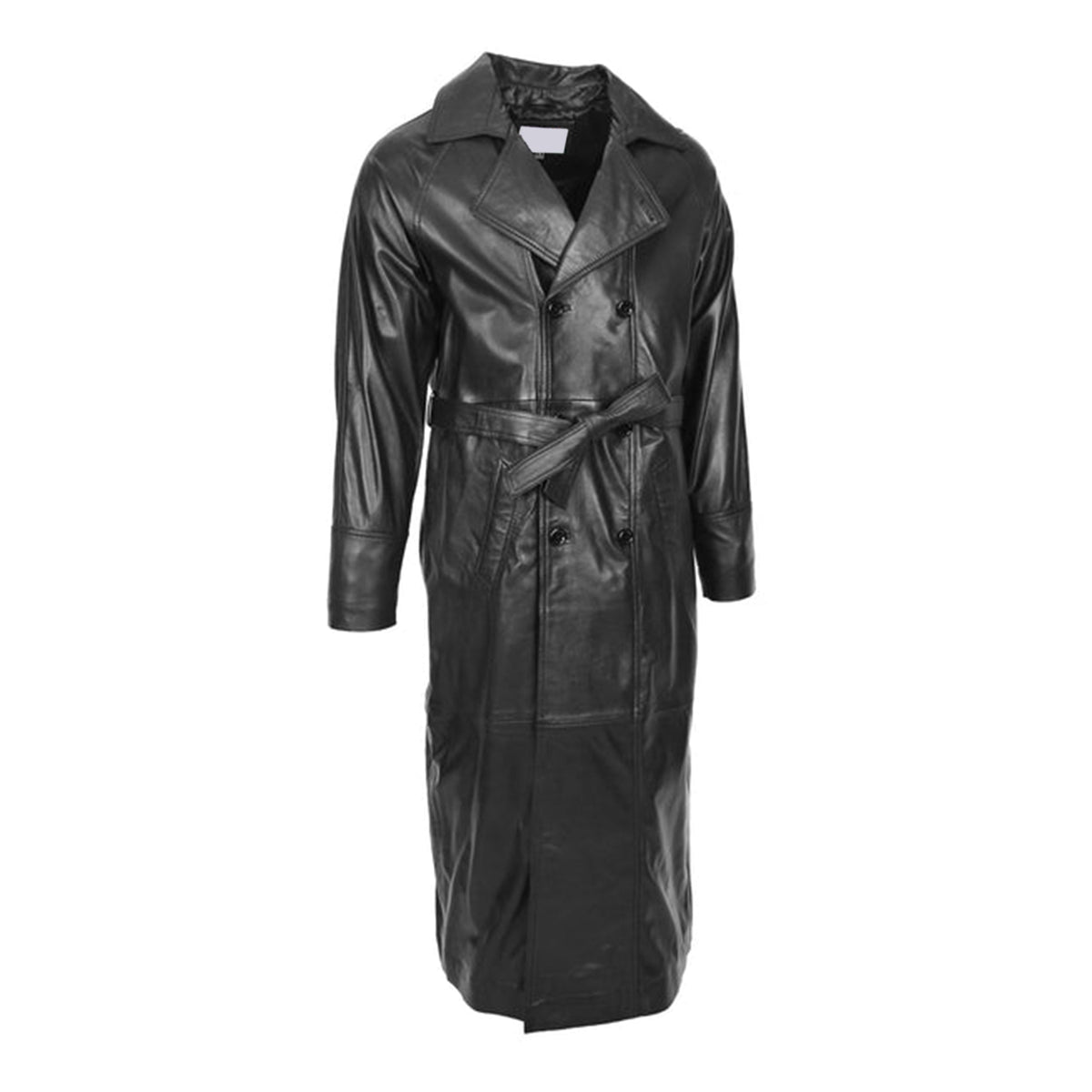 Mens Full Length Double Breasted Leather Coat Pete Black - genuine leather coat in black with double breasted