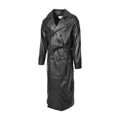 Mens Full Length Double Breasted Leather Coat Pete Black - genuine leather coat in black with full length