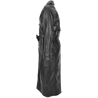 Mens Full Length Double Breasted Leather Coat Pete Black - genuine leather coat in black with two outer pockets