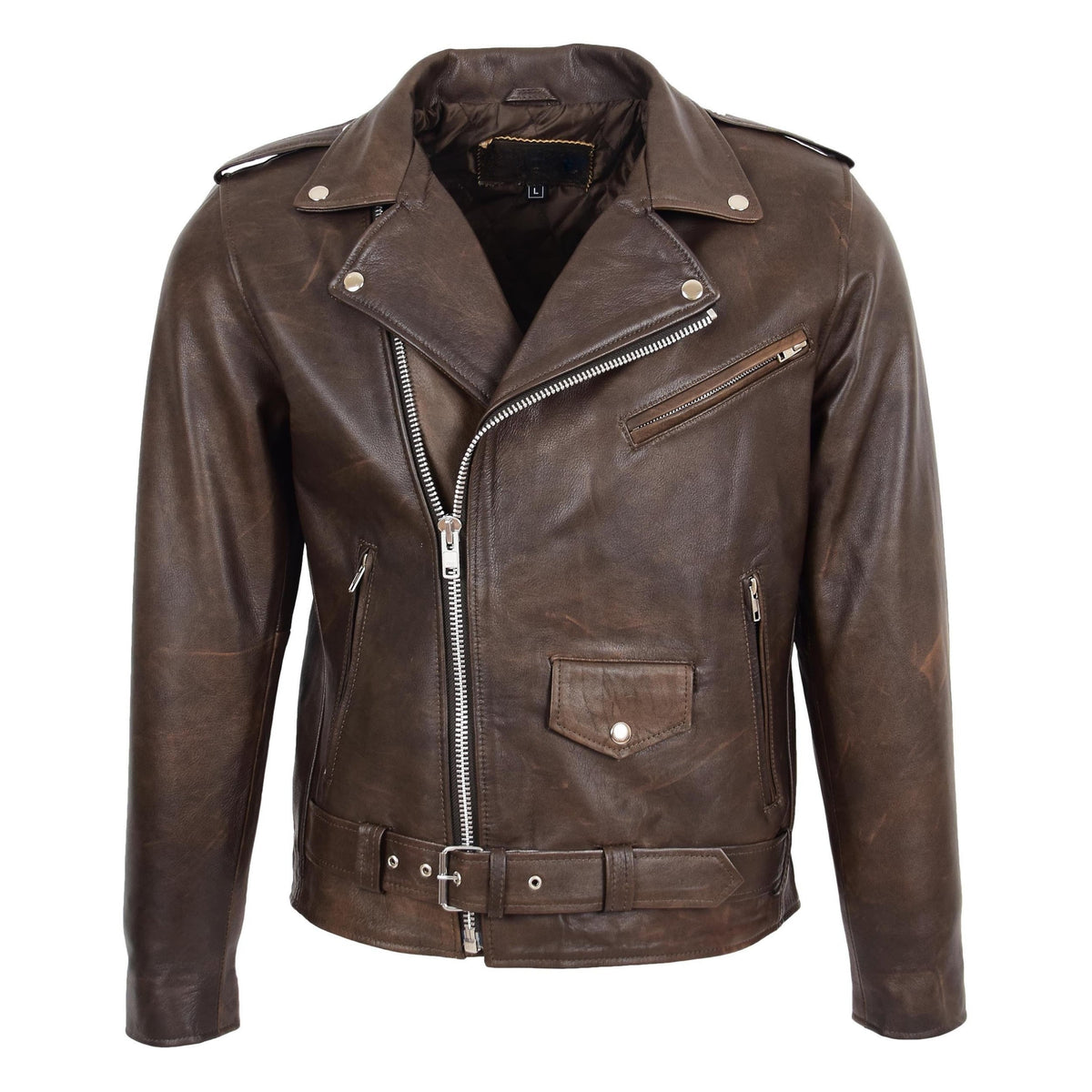 Mens Heavy Duty Leather Biker Brando Jacket Kyle Antique Brown - genuine leather jacket in antique brown with four outer pockets