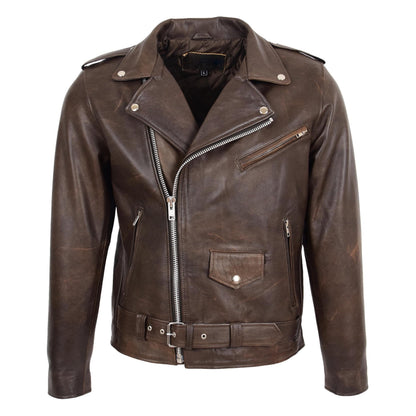 Mens Heavy Duty Leather Biker Brando Jacket Kyle Antique Brown - genuine leather jacket in antique brown with four outer pockets