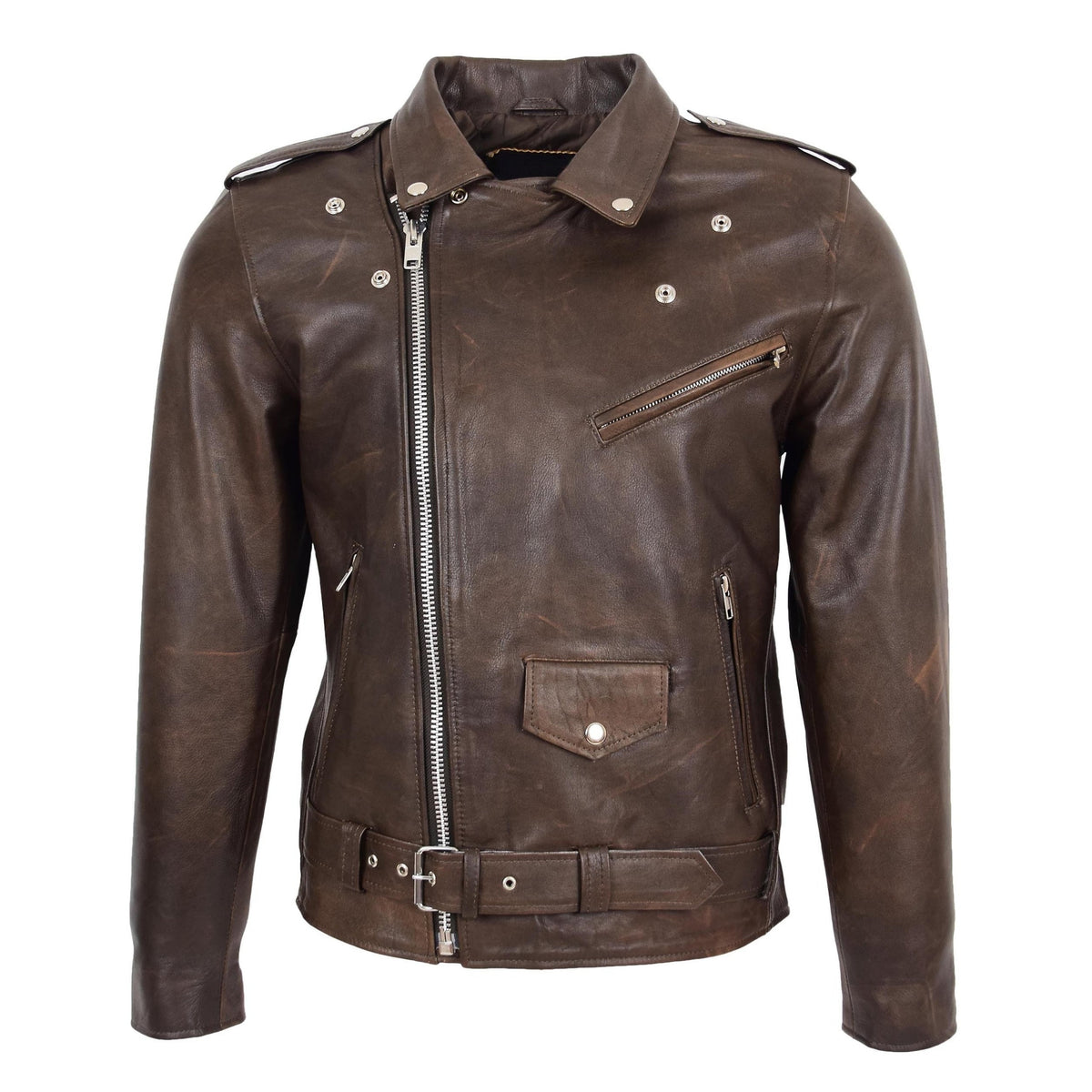 Mens Heavy Duty Leather Biker Brando Jacket Kyle Antique Brown - genuine leather jacket in antique brown with biker