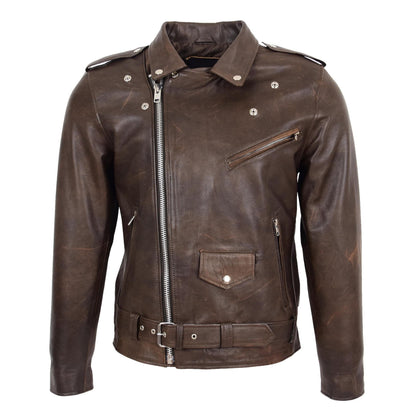 Mens Heavy Duty Leather Biker Brando Jacket Kyle Antique Brown - genuine leather jacket in antique brown with biker