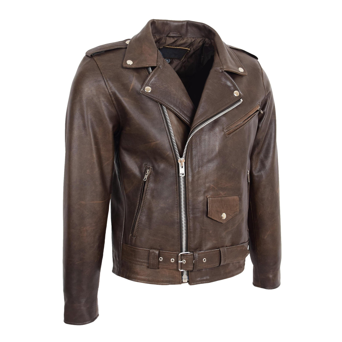 Mens Heavy Duty Leather Biker Brando Jacket Kyle Antique Brown - genuine leather jacket in antique brown with four outer pockets