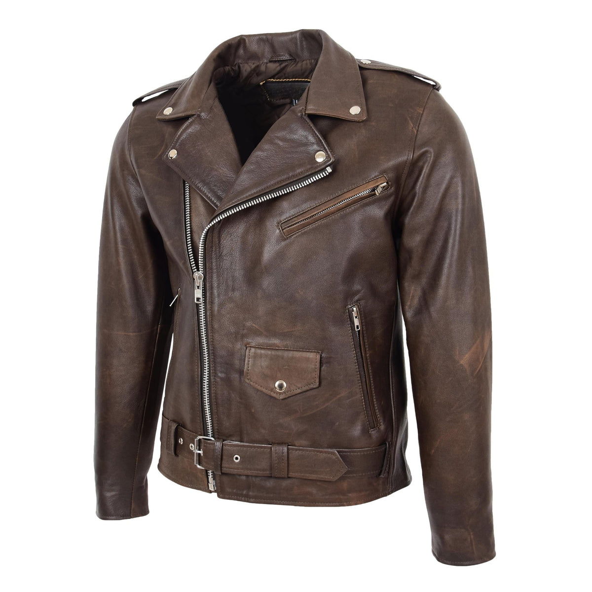 Mens Heavy Duty Leather Biker Brando Jacket Kyle Antique Brown - genuine leather jacket in antique brown with biker