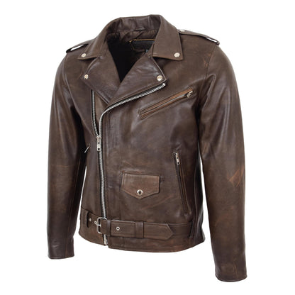 Mens Heavy Duty Leather Biker Brando Jacket Kyle Antique Brown - genuine leather jacket in antique brown with biker