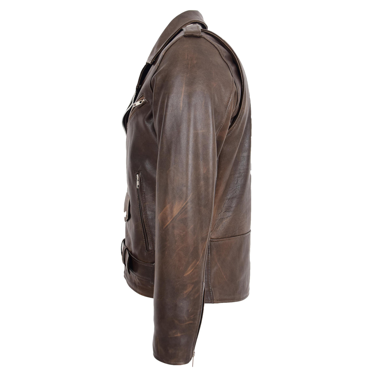 Mens Heavy Duty Leather Biker Brando Jacket Kyle Antique Brown - genuine leather jacket in antique brown with four outer pockets