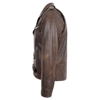 Mens Heavy Duty Leather Biker Brando Jacket Kyle Antique Brown - genuine leather jacket in antique brown with four outer pockets