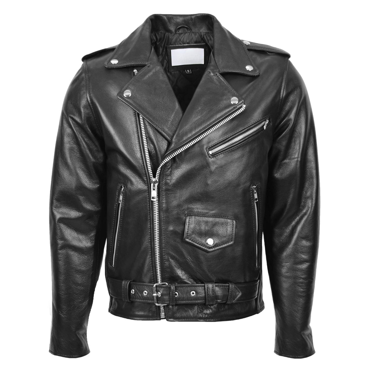 Mens Heavy Duty Leather Biker Brando Jacket Kyle Black - genuine leather jacket in black with four outer pockets