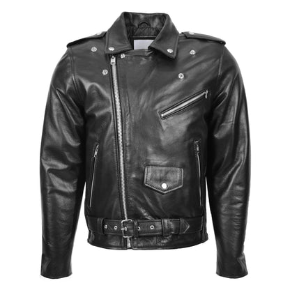 Mens Heavy Duty Leather Biker Brando Jacket Kyle Black - genuine leather jacket in black with biker