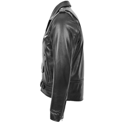 Mens Heavy Duty Leather Biker Brando Jacket Kyle Black - genuine leather jacket in black with four outer pockets