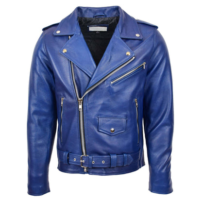 Mens Heavy Duty Leather Biker Brando Jacket Kyle Blue - genuine leather jacket in blue with four outer pockets