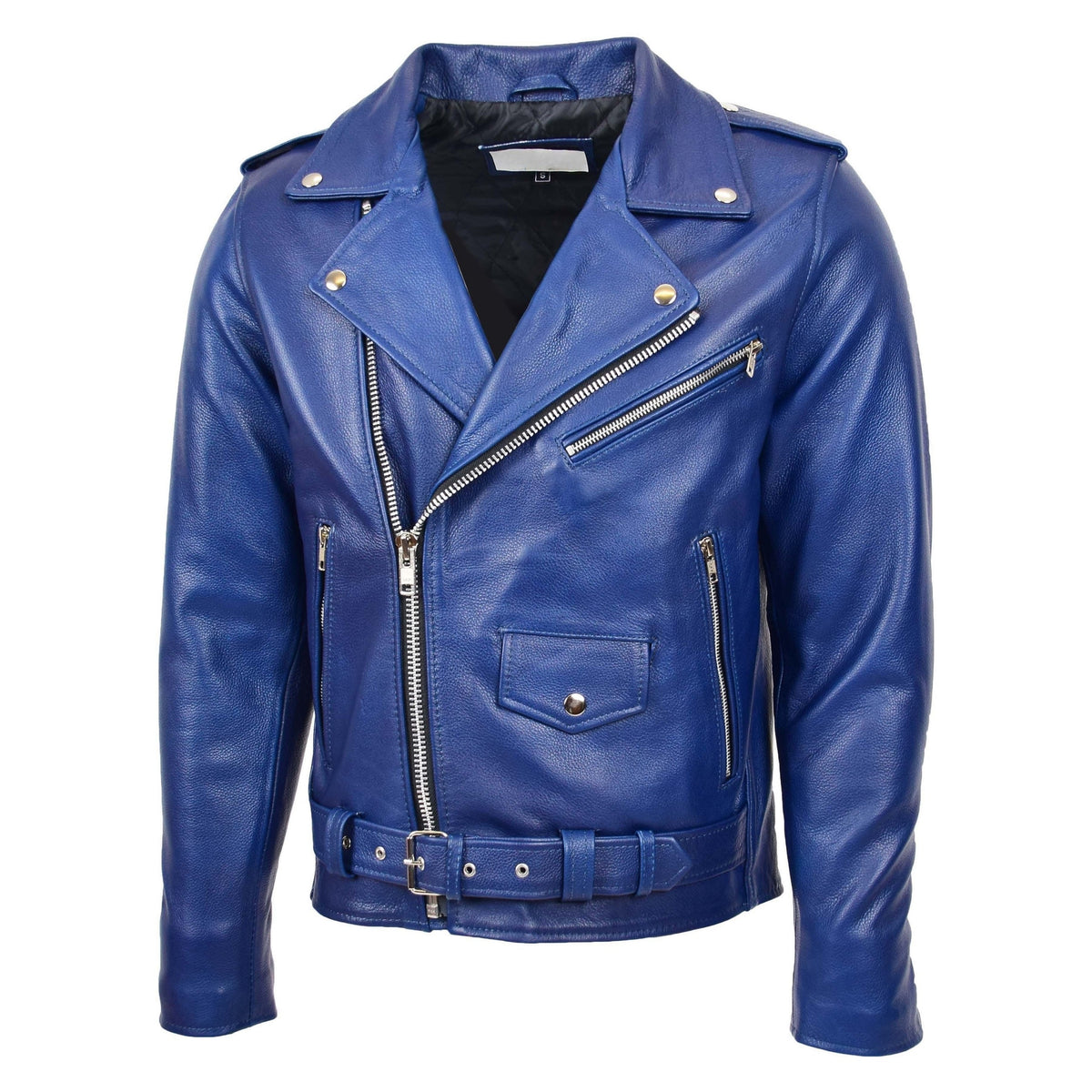 Mens Heavy Duty Leather Biker Brando Jacket Kyle Blue - genuine leather jacket in blue with biker