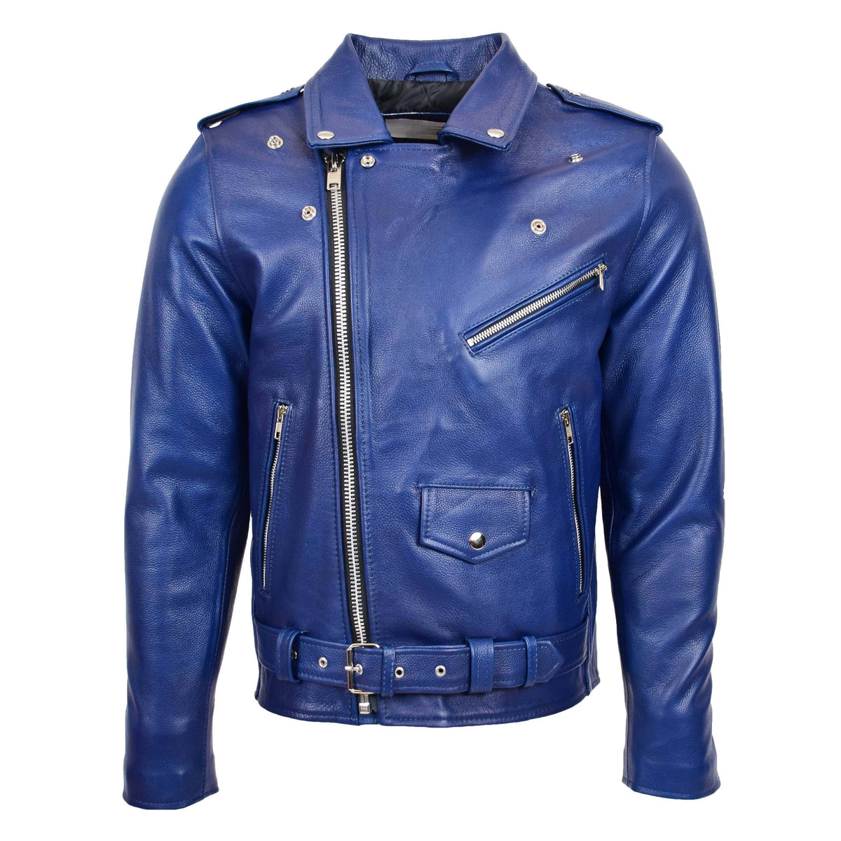 Mens Heavy Duty Leather Biker Brando Jacket Kyle Blue - genuine leather jacket in blue with four outer pockets