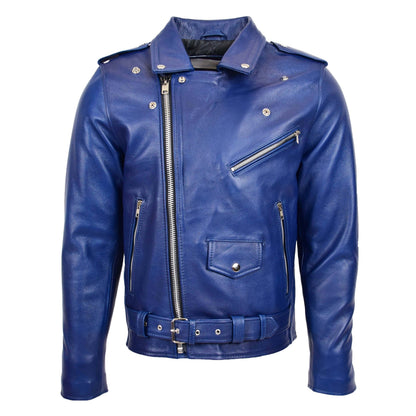 Mens Heavy Duty Leather Biker Brando Jacket Kyle Blue - genuine leather jacket in blue with four outer pockets